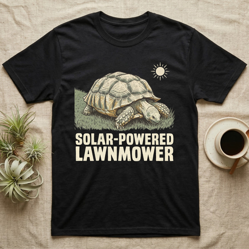 Solar Powered Lawnmower T-Shirt in Black — Retro-illustration of a sulcata tortoise grazing a lawn stripe under a sun motif with a Solar-Powered Lawnmower caption.