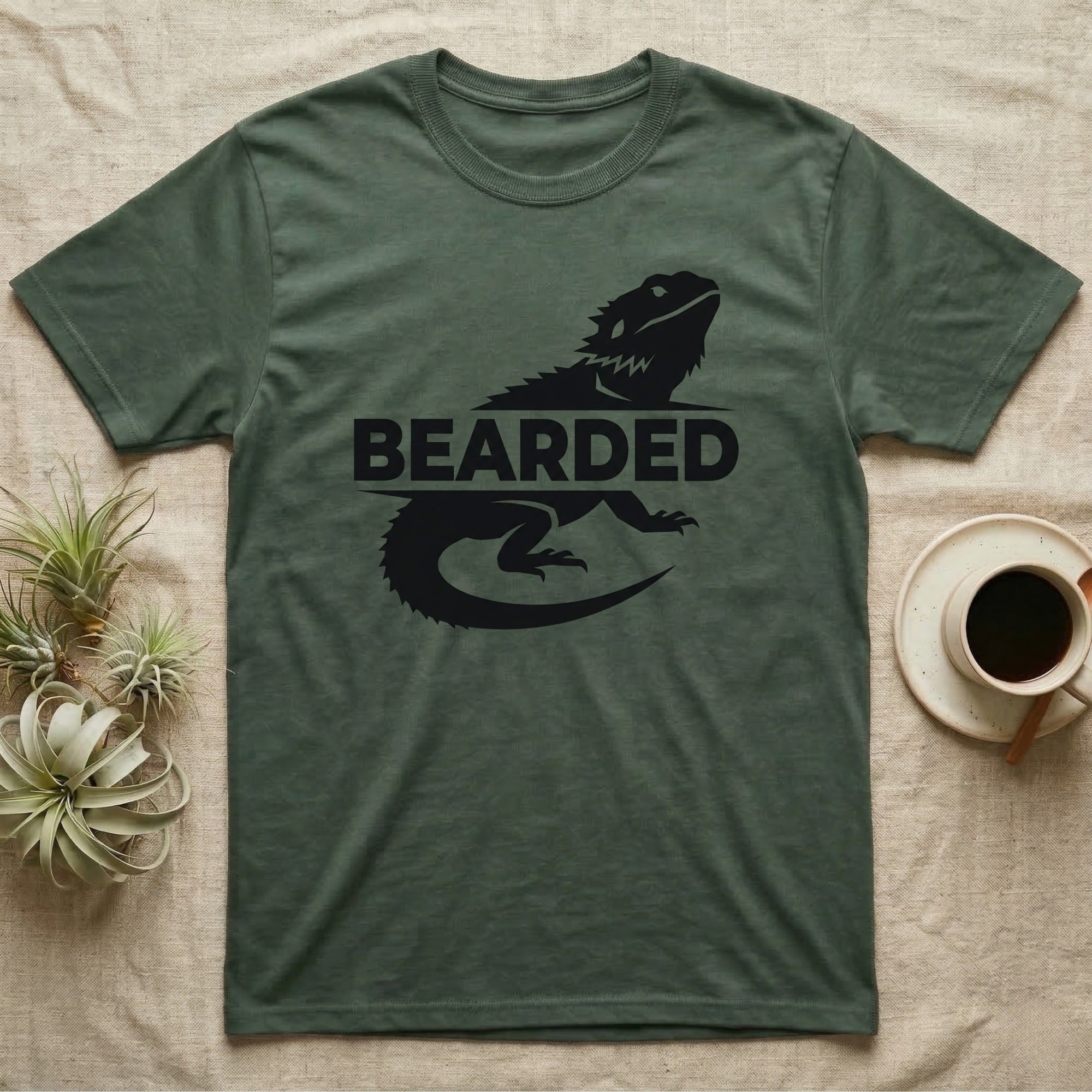 Green t-shirt with black silhouette of a bearded dragon and "BEARDED" text.