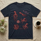 Dark t-shirt with red octopus and planet designs in space.