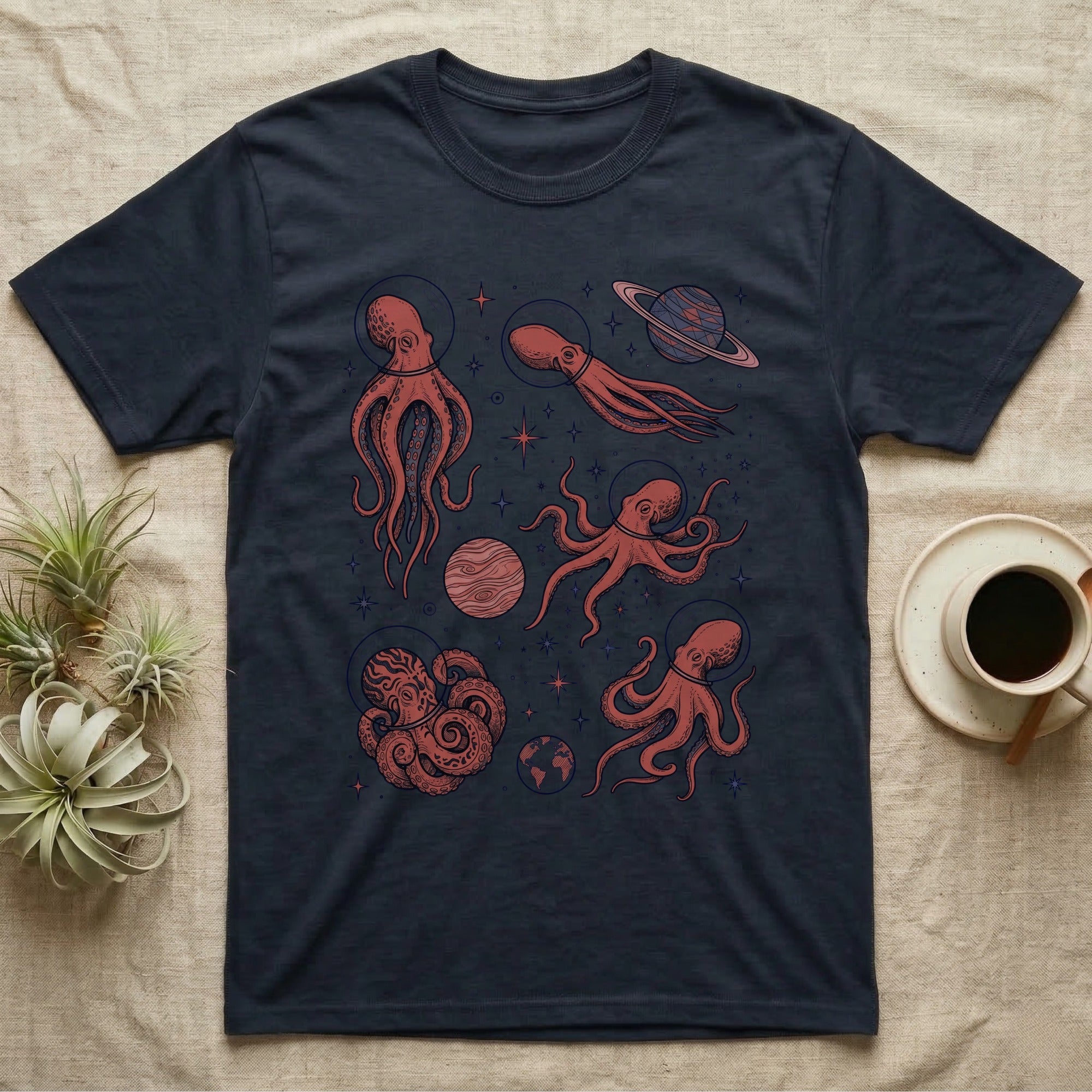 Dark t-shirt with red octopus and planet designs in space.