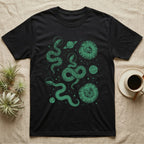 Ball Python Cosmic T-Shirt in Black — Vintage screen-print illustration of ball pythons in astronaut helmets floating in space, deep emerald green monochromatic on dark background.