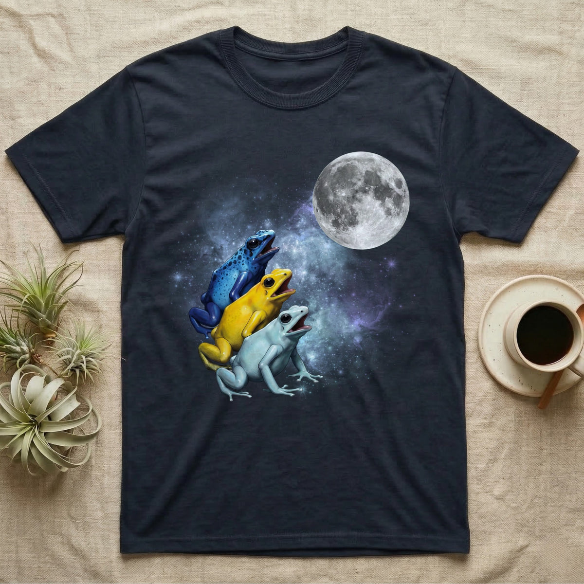 Poison Dart Frog Moon Howl T-Shirt in Navy — Three Poison Dart Frog colour morphs howling at a full moon over a nebula on a dark grey t-shirt.