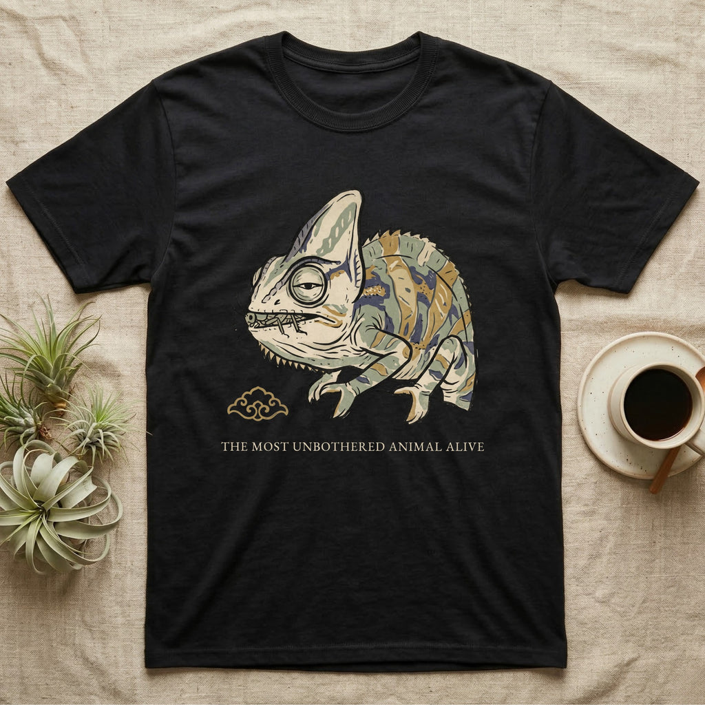 Unbothered Chameleon T-Shirt in Black — Ukiyo-e woodblock illustration of a veiled chameleon mid-chew with a deadpan serif caption beneath the subject.
