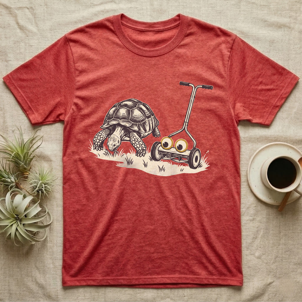 Tortoise Lawnmower Googly T-Shirt in Heather Red — Linocut illustration of a sulcata tortoise grazing beside a push mower wearing oversized googly eyes.