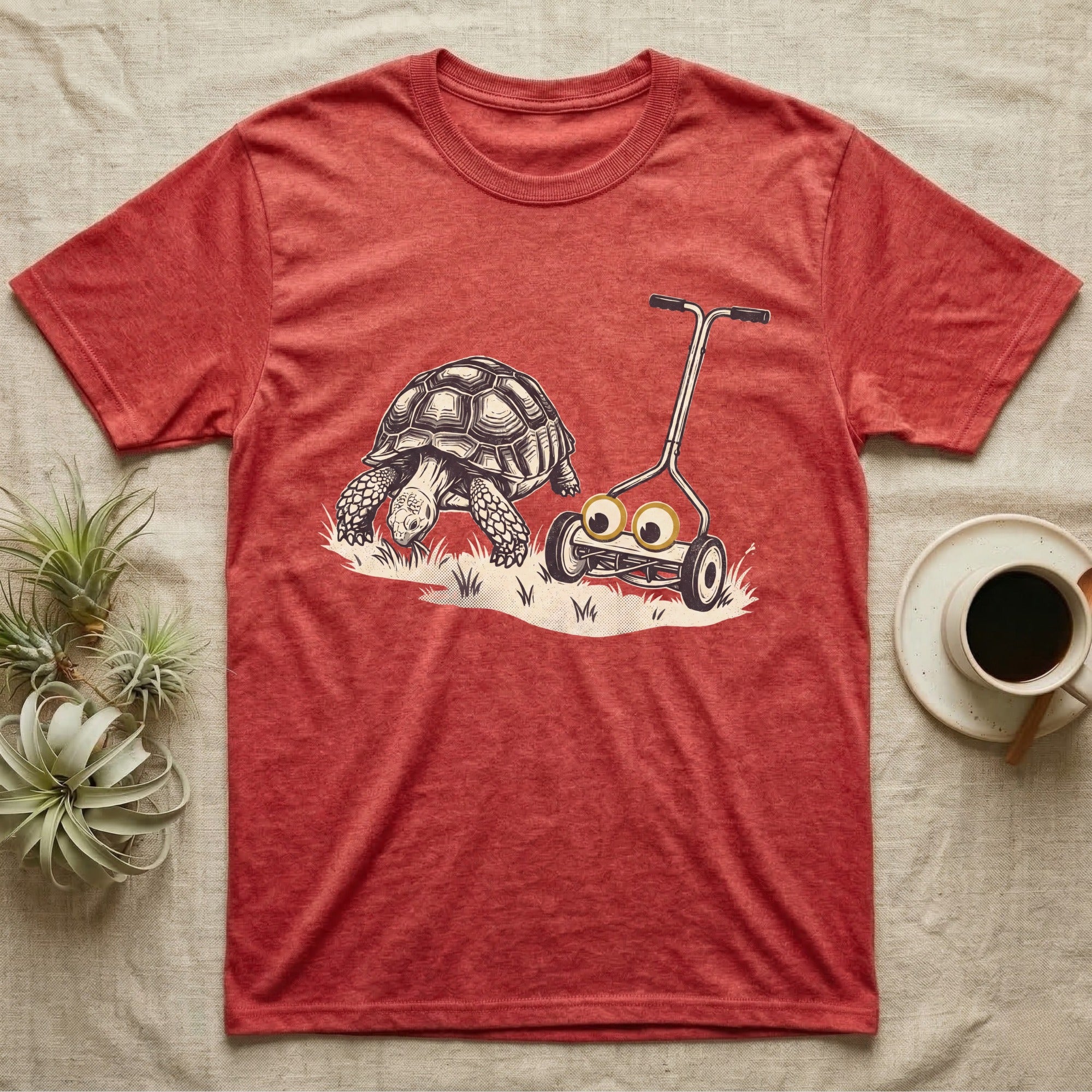 Tortoise Lawnmower Googly T-Shirt in Heather Red — Linocut illustration of a sulcata tortoise grazing beside a push mower wearing oversized googly eyes.