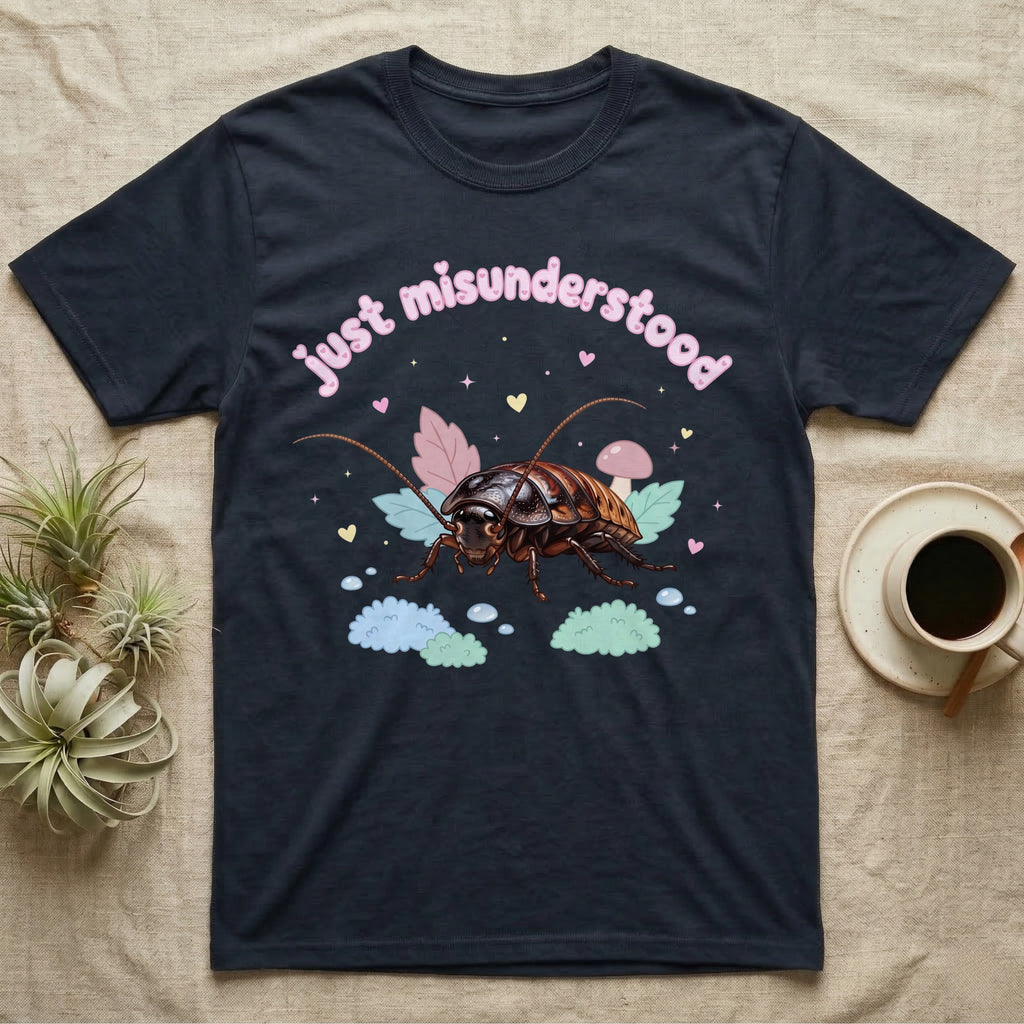 Madagascar Hissing Cockroach Baby T-Shirt in Navy — Pastel Madagascar hissing cockroach among leaves, mushroom and moss, puffy pink wordmark "just misunderstood" above.