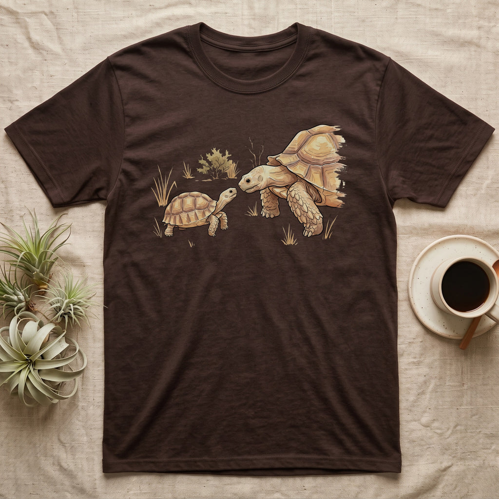 Sulcata Watercolour Profile T-Shirt in Dark Chocolate — Watercolour sulcata tortoise in left profile, broken ink outline, a thin line at head height ending in an ochre bloom