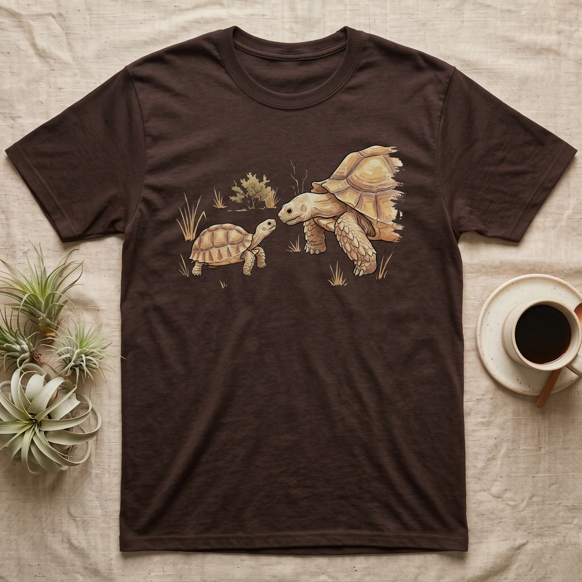 Sulcata Watercolour Profile T-Shirt in Dark Chocolate — Watercolour sulcata tortoise in left profile, broken ink outline, a thin line at head height ending in an ochre bloom
