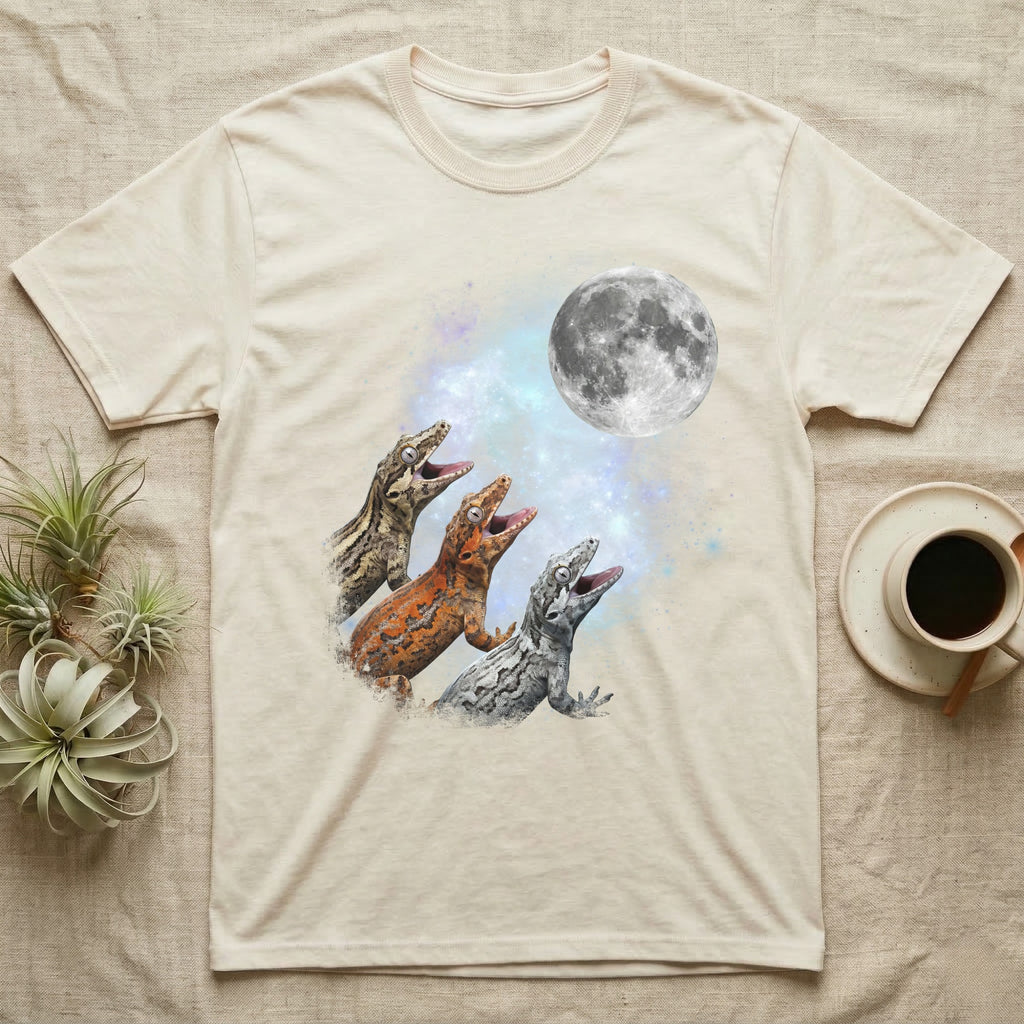 Gargoyle Gecko Moon Howl T-Shirt in Natural — Three Gargoyle Gecko colour morphs howling at a full moon over a nebula on a dark grey t-shirt.
