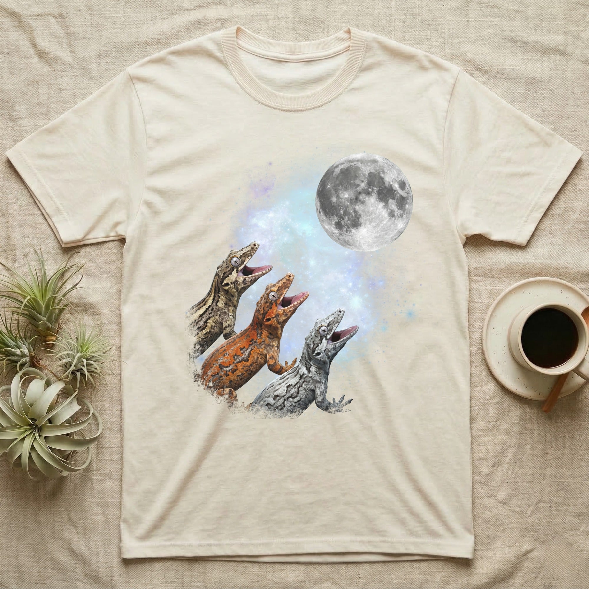 Gargoyle Gecko Moon Howl T-Shirt in Natural — Three Gargoyle Gecko colour morphs howling at a full moon over a nebula on a dark grey t-shirt.