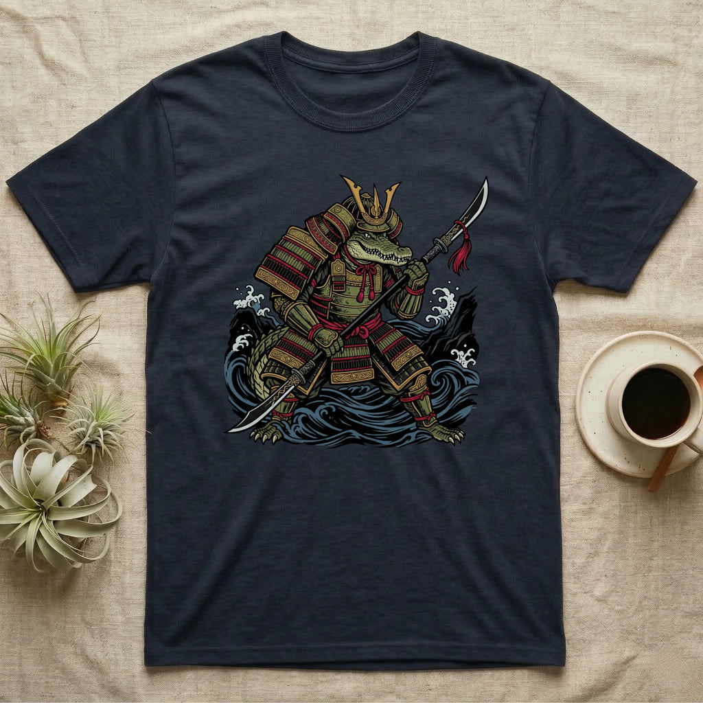 Alligator samurai warrior illustration with spear, wearing armor, on a dark blue t-shirt.