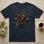 Alligator samurai warrior illustration with spear, wearing armor, on a dark blue t-shirt.