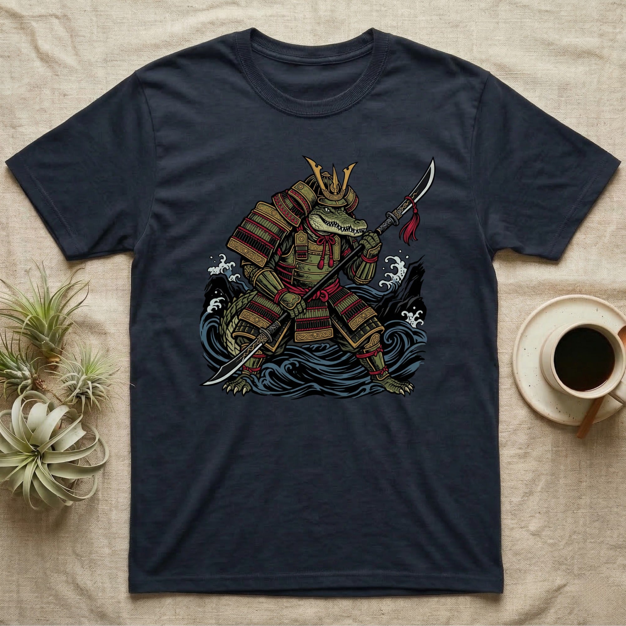 Alligator samurai warrior illustration with spear, wearing armor, on a dark blue t-shirt.