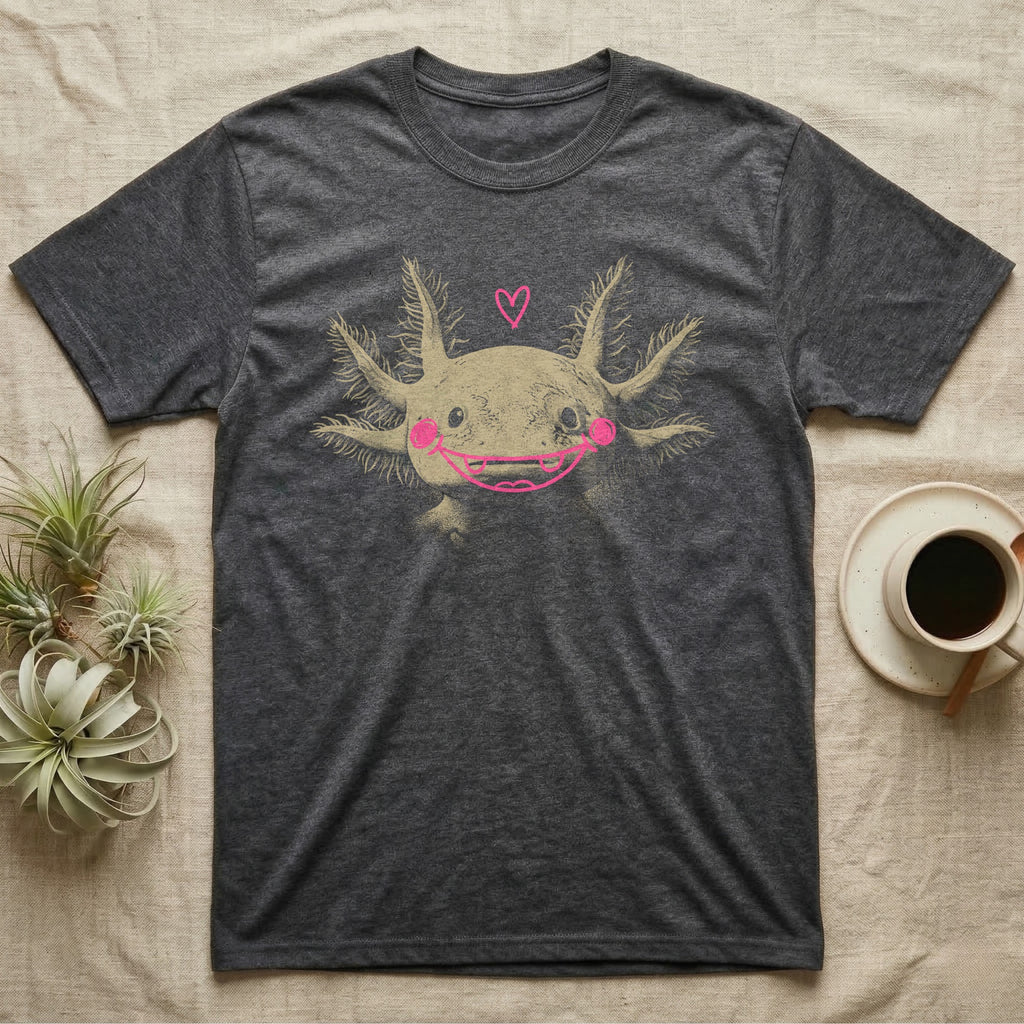 Axolotl Cute Doodle T-Shirt in Dark Heather — An axolotl's face with a pink marker grin, blush circles and a heart drawn on the glass.