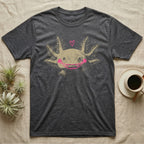 Axolotl Cute Doodle T-Shirt in Dark Heather — An axolotl's face with a pink marker grin, blush circles and a heart drawn on the glass.