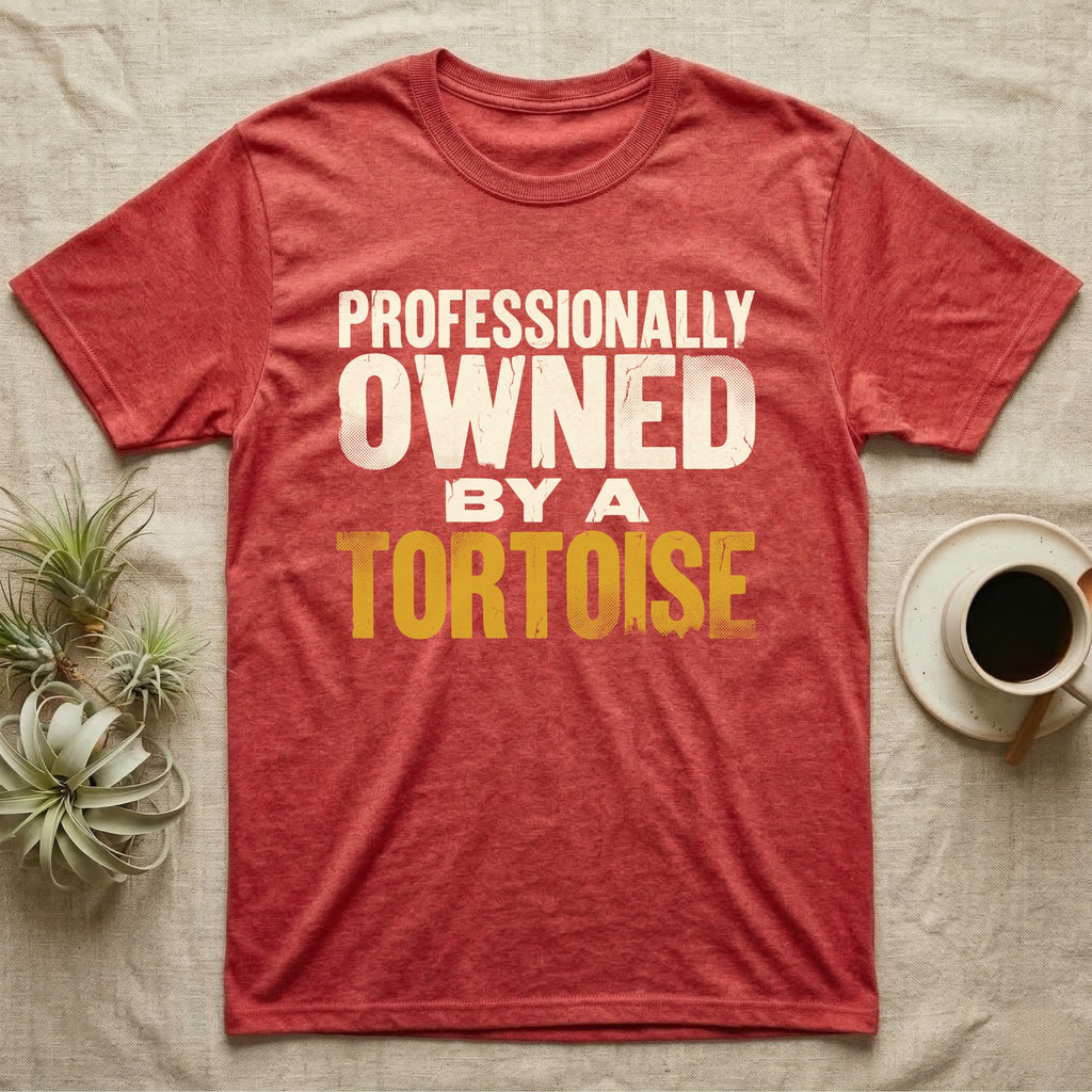 Owned By A Tortoise T-Shirt in Heather Red — Distressed woodtype wordmark reading professionally owned by a tortoise in a bold two-tier lockup, text only.