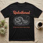 Western Hognose Unbothered T-Shirt in Black — White engraved western hognose snake coiled in loose substrate beside a hide, under the word Unbothered and above it has not eaten since june.