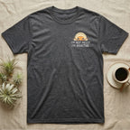 Bioactive Rubber Ducky T-Shirt in Dark Heather — Creamy-yellow rubber ducky isopod with an orange face peeking over white marker capitals reading I'M NOT MESSY I'M BIOACTIVE.