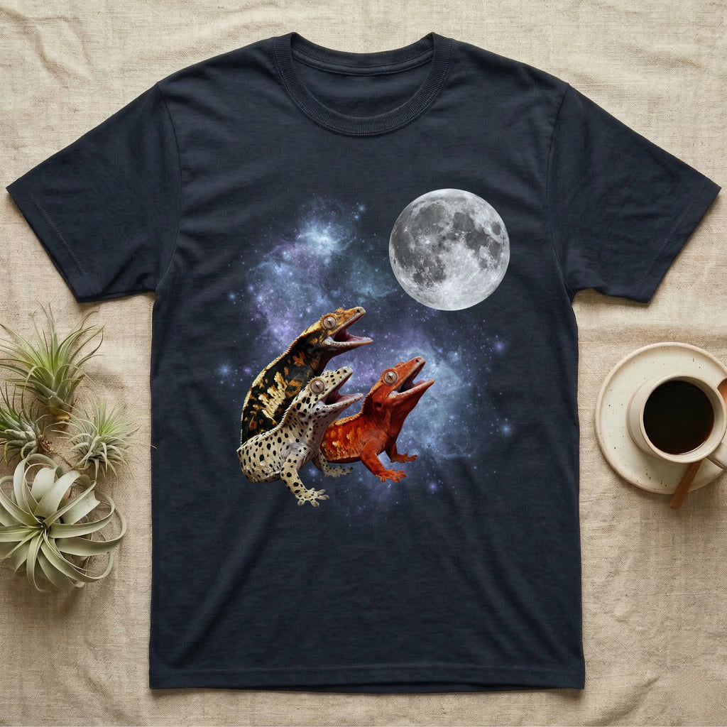 Crested Gecko Moon Howl T-Shirt in Navy — Three Crested Gecko colour morphs howling at a full moon over a nebula on a dark grey t-shirt.