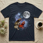 Crested Gecko Moon Howl T-Shirt in Navy — Three Crested Gecko colour morphs howling at a full moon over a nebula on a dark grey t-shirt.
