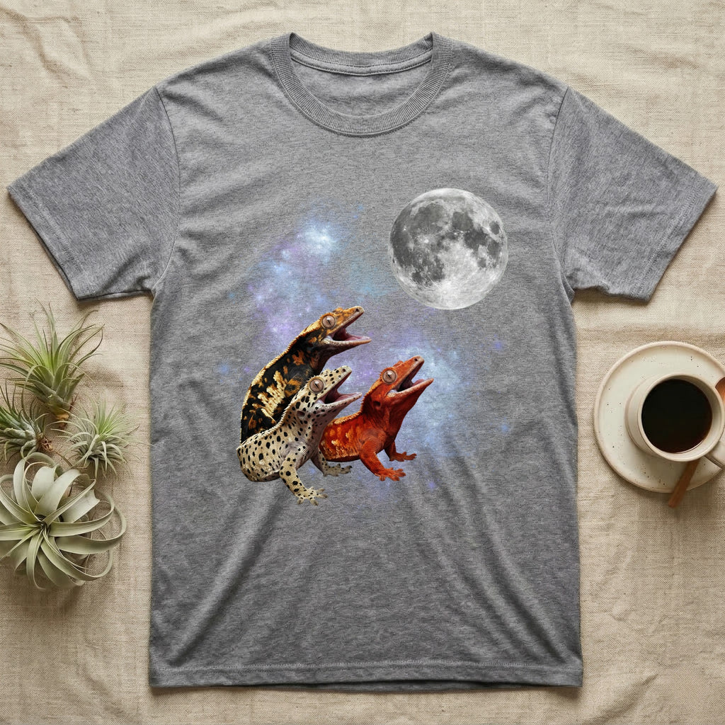 Crested Gecko Moon Howl T-Shirt in Sport Grey — Three Crested Gecko colour morphs howling at a full moon over a nebula on a dark grey t-shirt.