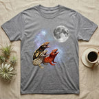 Crested Gecko Moon Howl T-Shirt in Sport Grey — Three Crested Gecko colour morphs howling at a full moon over a nebula on a dark grey t-shirt.
