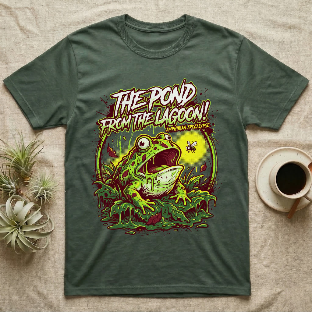 Pacman Frog Lagoon Apocalypse T-Shirt in Military Green — B-movie horror poster of a Pacman frog bursting from slime at a fly, "The Pond From the Lagoon, Amphibian Apocalypse."