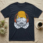 Frilled Lizard Headphones T-Shirt in Navy — Engraved frilled lizard with fanned frill in a beanie and headphones, aviators reflecting savannah woodland.