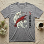 Grey t-shirt with a red shrimp and Japanese wave design.