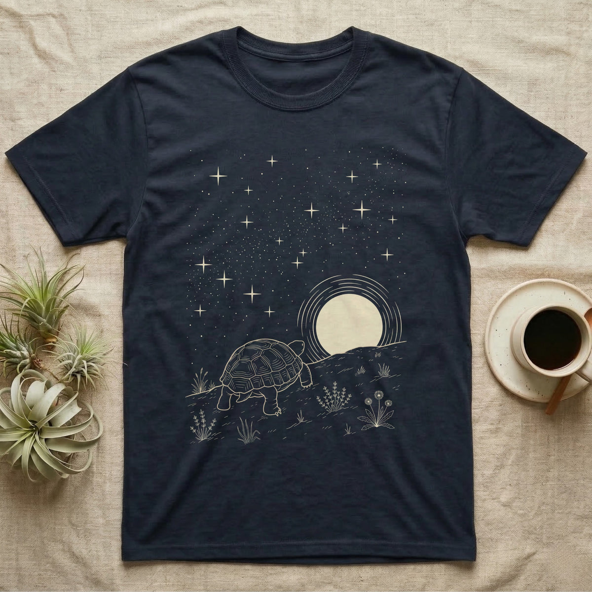 Russian Tortoise Moonlight T-Shirt in Navy — Scratchboard-style Russian tortoise walking up a steppe ridge toward a setting moon under a starry sky