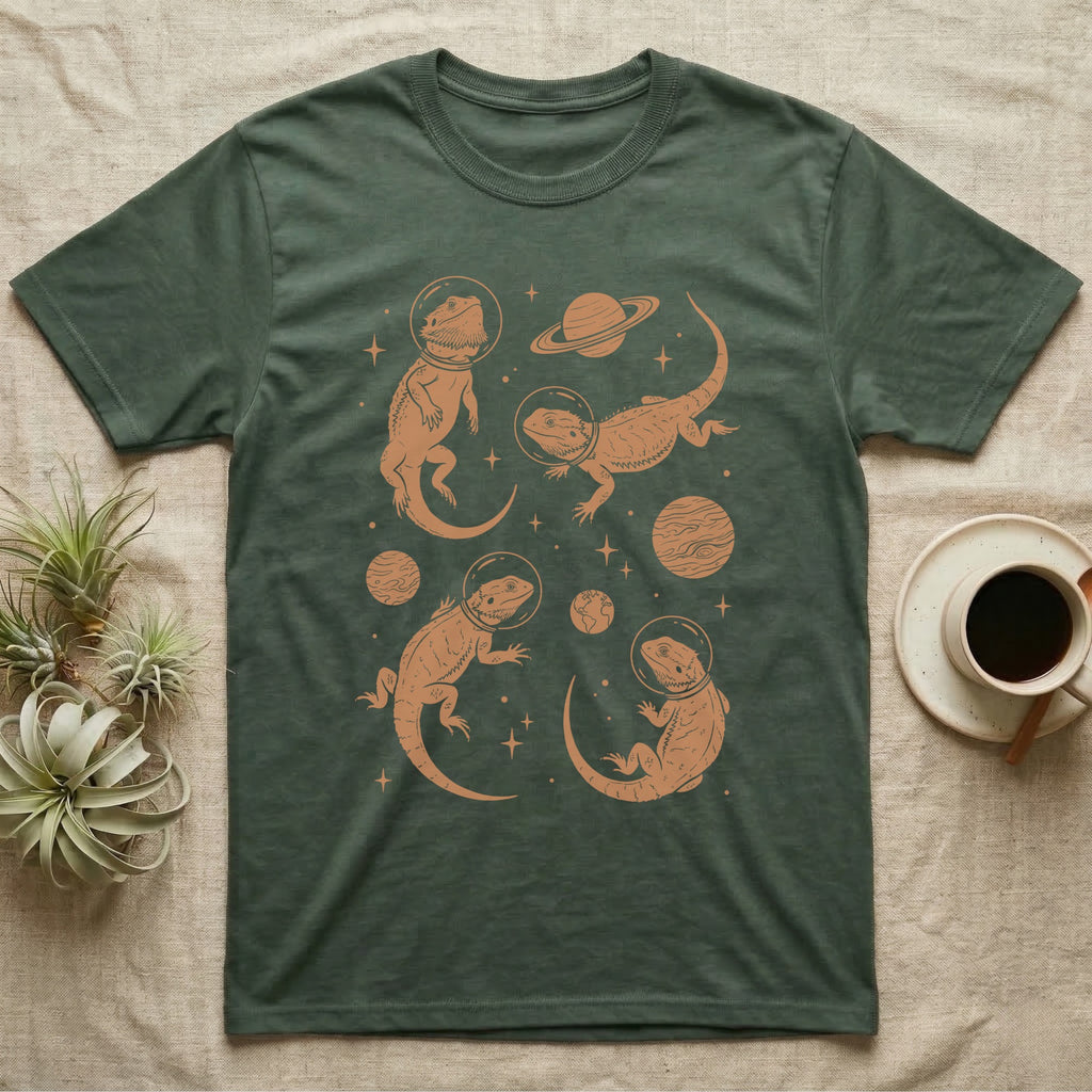 Bearded Dragon Cosmic T-Shirt in Military Green — Vintage screen-print illustration of bearded dragons in astronaut helmets floating in space, warm copper monochromatic on dark background.