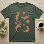 Bearded Dragon Cosmic T-Shirt in Military Green — Vintage screen-print illustration of bearded dragons in astronaut helmets floating in space, warm copper monochromatic on dark background.