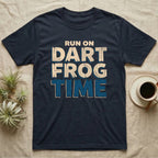 Dart Frog Time T-Shirt in Navy — Distressed-block wordmark reading run on dart frog time in a bold two-tier chest lockup, text only.