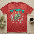 Veiled Chameleon Feral T-Shirt in Heather Red — Veiled chameleon on a branch with swivelling eyes under a jagged turquoise metal "DON'T PERCEIVE ME" wordmark.