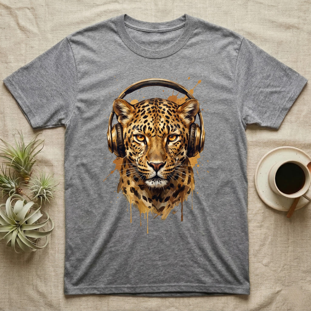Grey t-shirt with a graphic of a leopard wearing gold headphones.