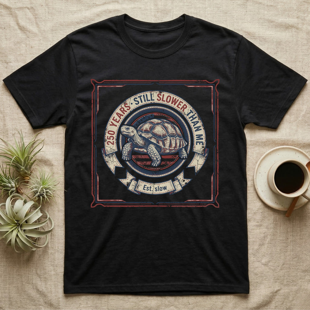 Slower Than Me Tortoise T-Shirt in Black — Vintage-Americana roundel illustration of a tortoise with a banner reading "250 Years, Still Slower Than Me."