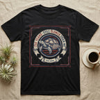 Slower Than Me Tortoise T-Shirt in Black — Vintage-Americana roundel illustration of a tortoise with a banner reading "250 Years, Still Slower Than Me."