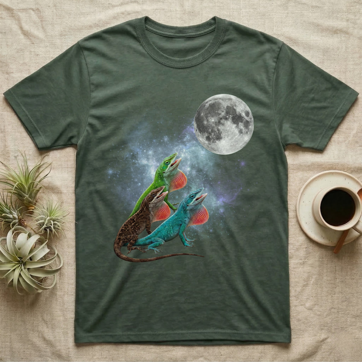 Green Anole Moon Howl T-Shirt in Military Green — Three Green Anole colour morphs howling at a full moon over a nebula on a dark grey t-shirt.