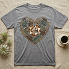Grey t-shirt with a coiled snake and natural elements forming a heart.