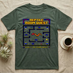 Green t-shirt with pixelated "Reptile Room Quest" and "Level 1: The Escape Artist" game graphic.