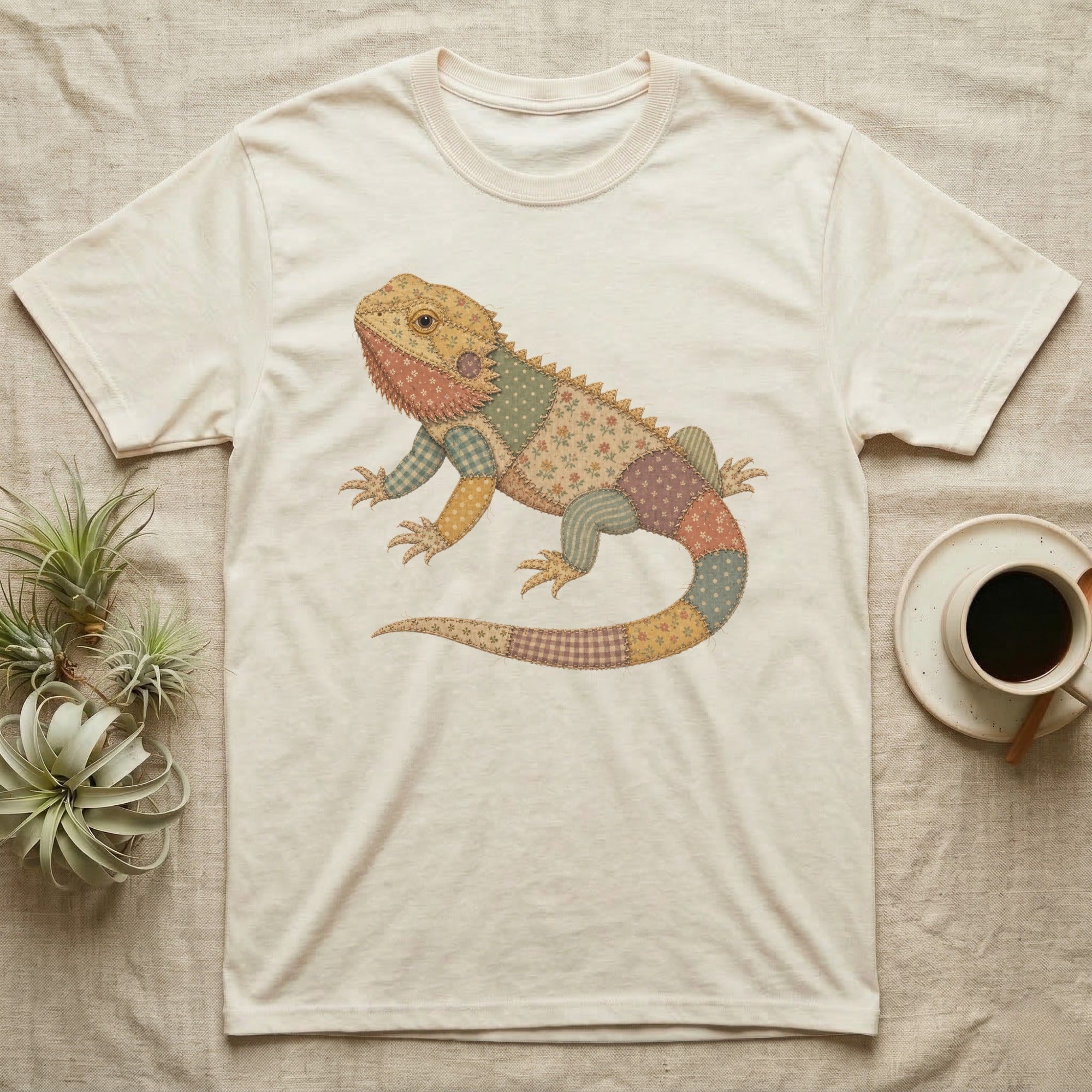 Beige t-shirt with a patchwork lizard graphic.