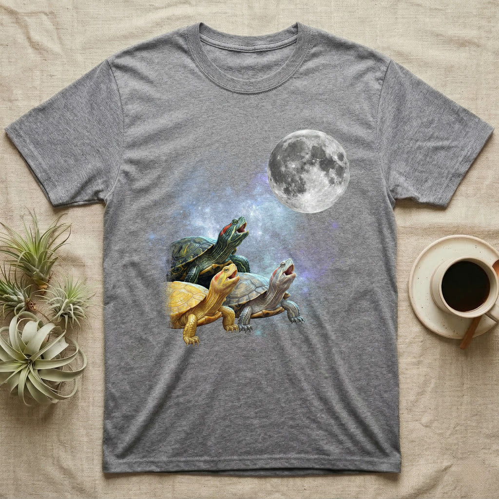 Red-Eared Slider Moon Howl T-Shirt in Sport Grey — Three Red-Eared Slider colour morphs howling at a full moon over a nebula on a dark grey t-shirt.