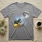 Red-Eared Slider Moon Howl T-Shirt in Sport Grey — Three Red-Eared Slider colour morphs howling at a full moon over a nebula on a dark grey t-shirt.