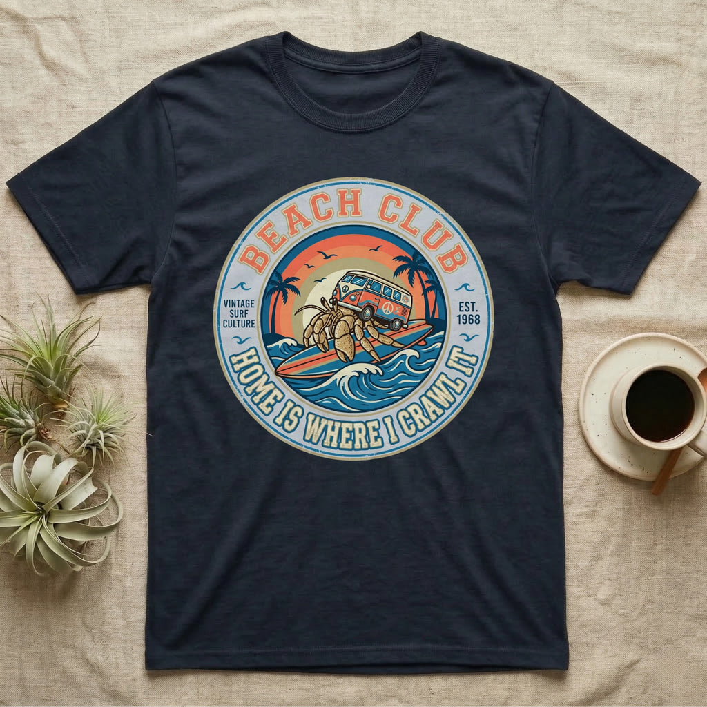 Navy t-shirt with circular vintage surf club graphic featuring a van and crabs.