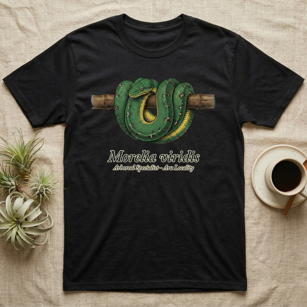Black t-shirt with green tree python design and text "Morelia viridis".