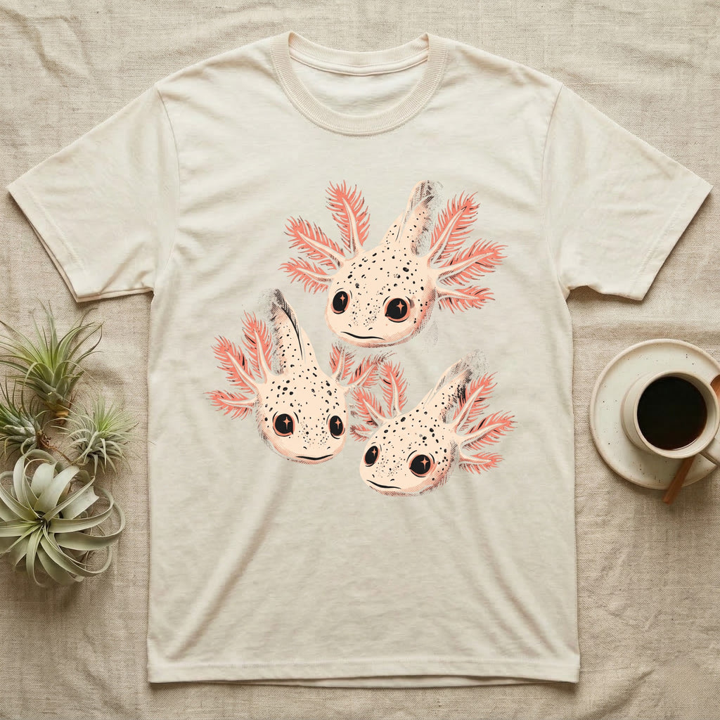 Vintage comic screen-print illustration of three axolotls clustered together with coral feathery gills and sparkling star-highlighted eyes, graphic-only, no text. — shown on a Natural tee.
