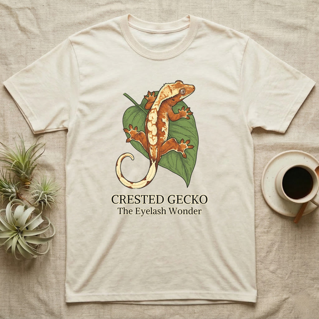 Crested gecko illustration on a cream t-shirt with text.
