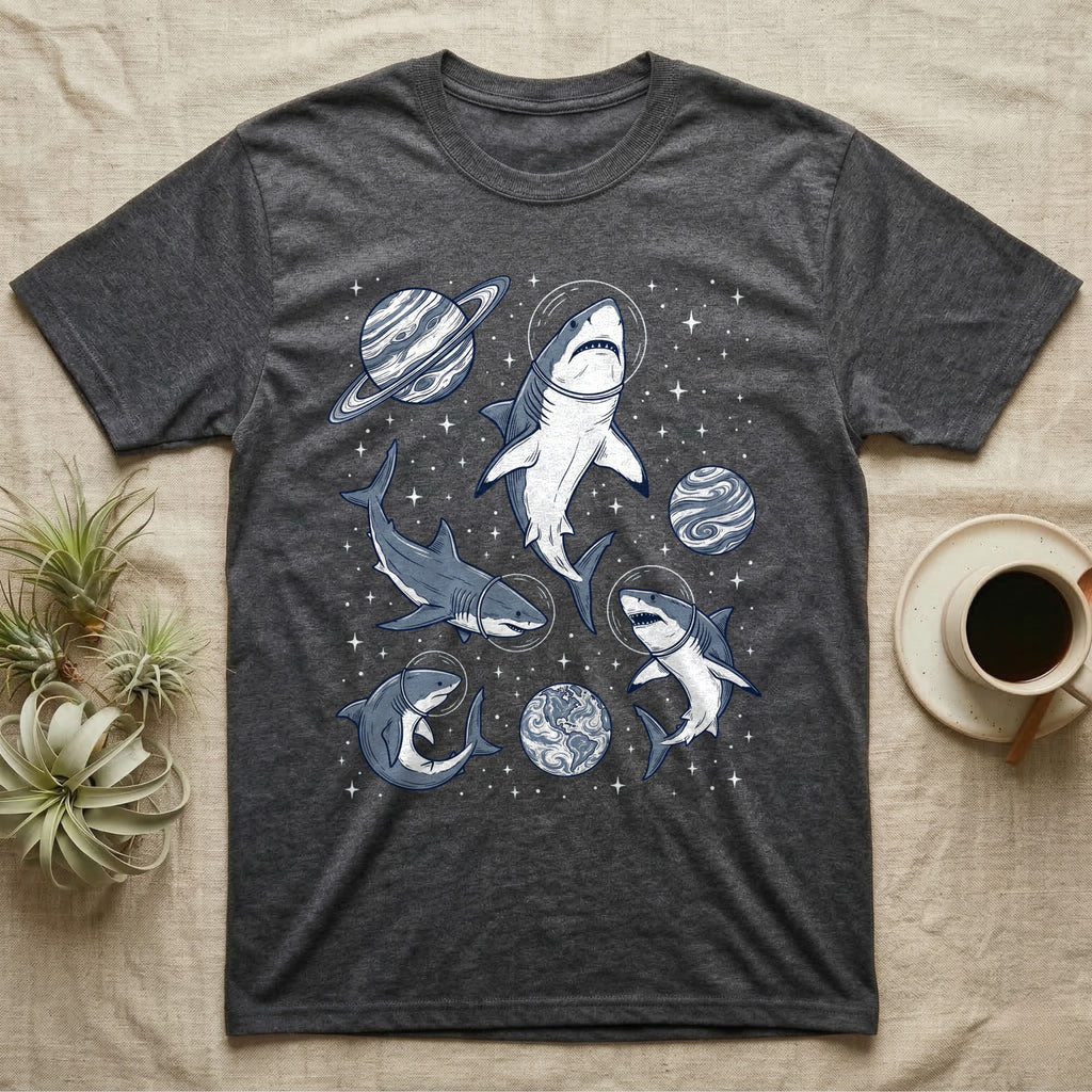 T-shirt with sharks in space suits floating among planets and stars.