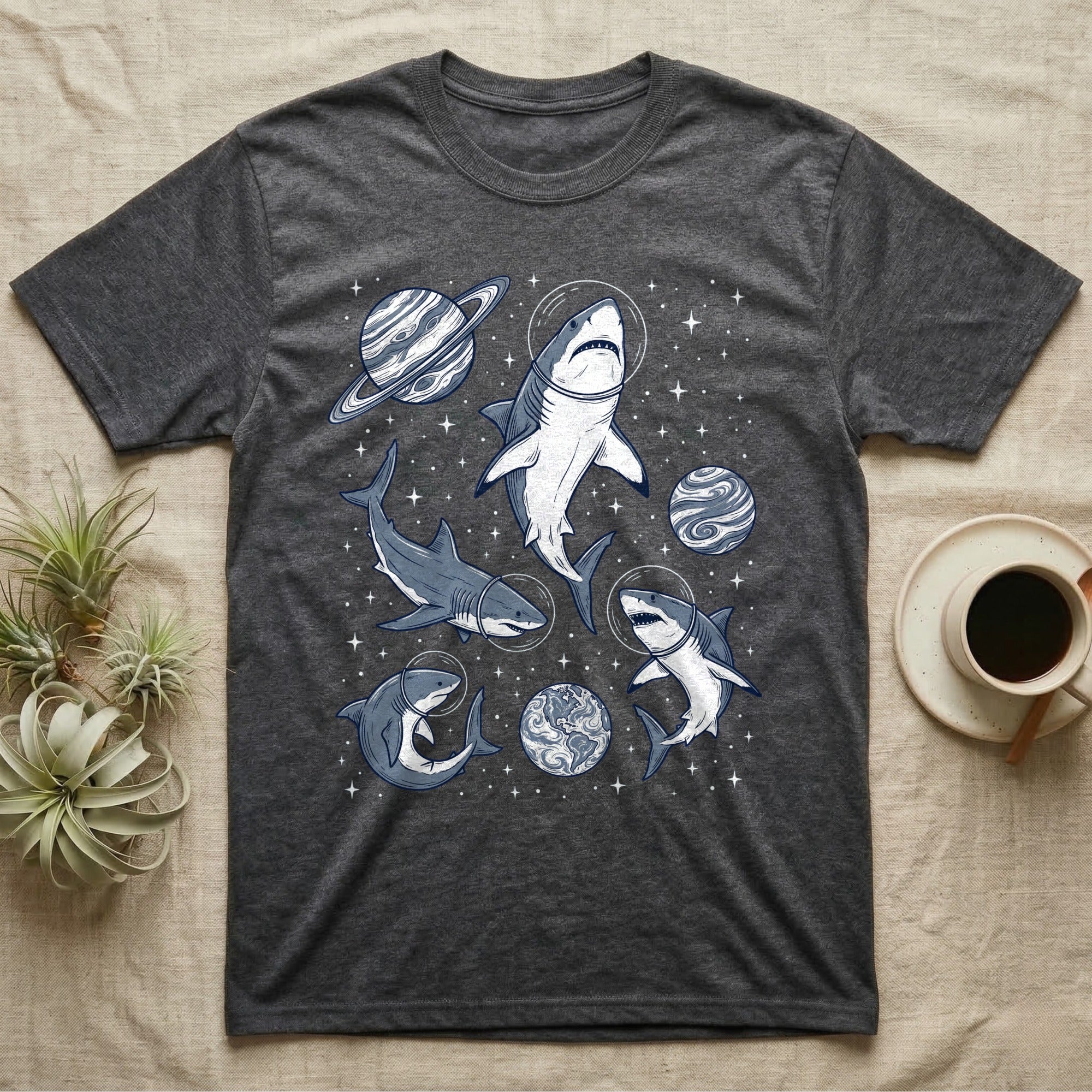 T-shirt with sharks in space suits floating among planets and stars.