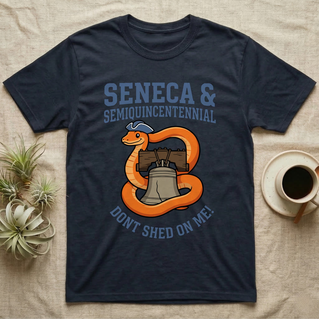 Corn Snake Don't Shed T-Shirt in Navy — Cartoon orange snake in a tricorn hat coiled around the Liberty Bell with text Don't Shed On Me.